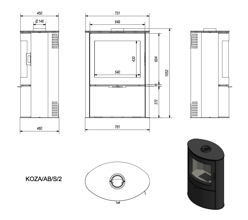 Печь дровяная KOZA/AB/S/2(сталь) чертёж