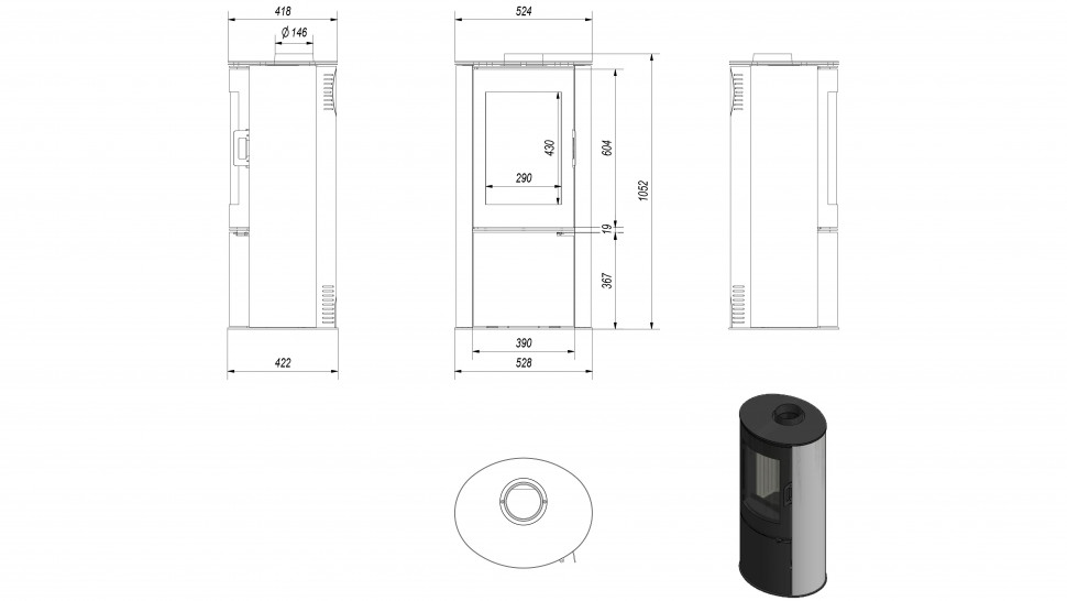 Печь дровяная KOZA/AB/S/DR/KAFEL/CZARNY размеры